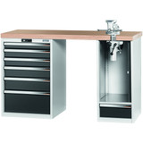GARANT GridLine Vario workbench with 2 drawer casings, swing-away and height adjustment unit, height 950 mm, Beech marine ply worktop, 20x20G