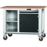 GARANT GridLine Workbench, mobile, left side open, right side cupboard and drawer, height 950mm, Beech marine ply worktop, 20x20G