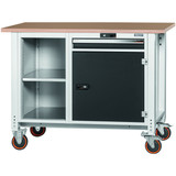 GARANT GridLine Workbench, mobile, left side open, right side cupboard and drawer, height 950mm, Beech marine ply worktop, 20x20G