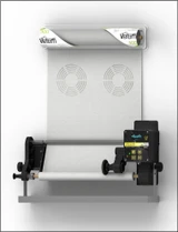 Smart Velum motorized automatic air filter roller unit attached to an industrial control panel.