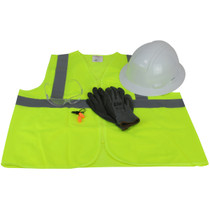 Pre-Packed PPE Kit w Full Brim Hard Hat, Safety Eyewear, Earplugs, Gloves and Vest
