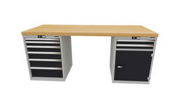 Workbench with 2 drawer casings 24G, 1 cupboard, height 850 mm, Beech Strips worktop, 20×20G, Worktop length: 2000mm