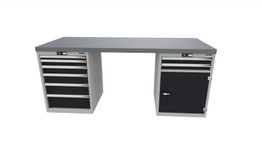 Workbench with 2 drawer casings 24G, 1 cupboard, height 850 mm, Eluplan worktop, 20×20G, Worktop length: 2000mm
