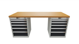 Workbench with 2 drawer casings 24G, height 850 mm, Bamboo worktop, 20×20G, Worktop length: 2000mm