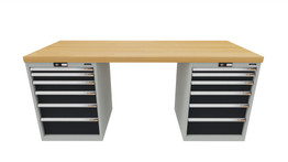 Workbench with 2 drawer casings 24G, height 850 mm, Beech Strips worktop, 20×20G, Worktop length: 2000mm
