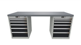 Workbench with 2 drawer casings 24G, height 850 mm, Eluplan worktop, 20×20G, Worktop length: 2000mm