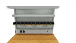 Pair of support columns of steel hollow section 100×40×2 mm. Insertion slots at 50-mm intervals on the front face, together with threaded sockets on the front face to accept other modules / components. Perforated sheet metal panel between the columns. 300mm deep shelf, overhead light, parts bins rail, and media rail with 2 US110V outlets and light switch.