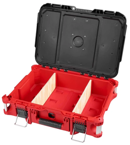 Milwaukee PACKOUT tool box shown open to reveal interior organizer trays, with latches and reinforced corners visible