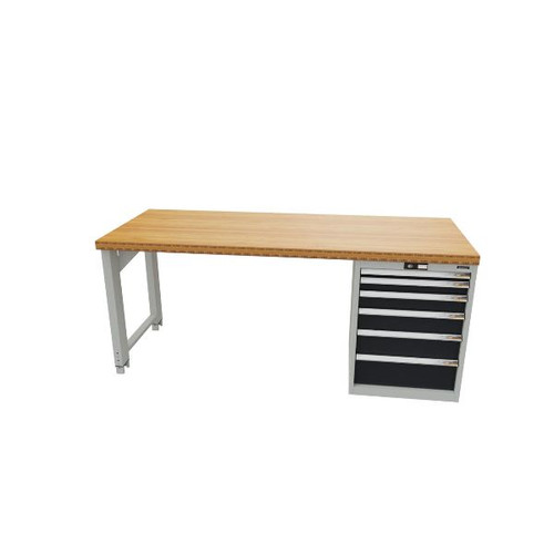 Garant Gridline industrial workbench with bamboo worktop and 6-drawer lockable cabinet, front view