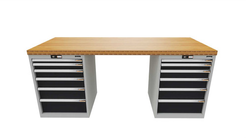 Workbench with 2 drawer casings 24G, height 850 mm, Bamboo worktop, 20×20G, Worktop length: 2000mm