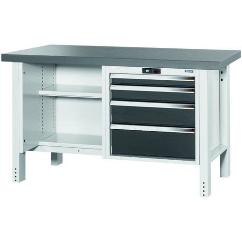 GARANT GridLine Workbench, left side open, right side 4 drawers, Eluplan worktop, dark, 20x20G