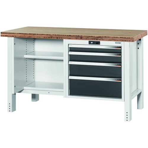 GARANT GridLine Workbench, left side open, right side 4 drawers, Bamboo worktop, 20x20G