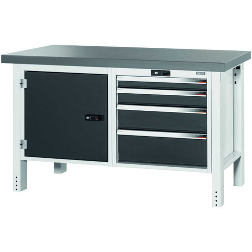 GARANT GridLine Workbench, left side cupboard, right side 4 drawers, Eluplan worktop, dark, 20x20G