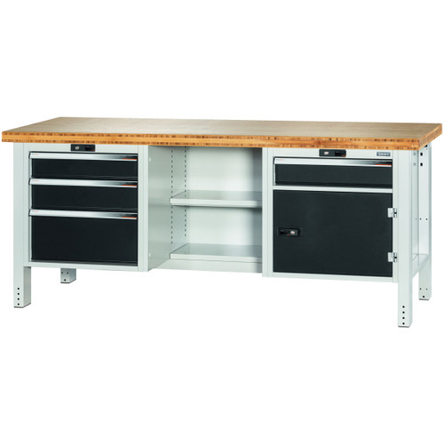 GARANT GridLine Workbench, left side 3 drawers, centre open, right side door and 1 drawer, Bamboo worktop, 20x20G