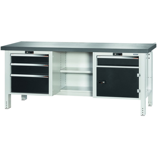 GARANT GridLine Workbench, left side 3 drawers, centre open, right side door and 1 drawer, Eluplan worktop, dark, 20x20G