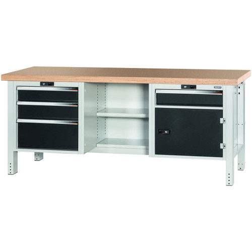 GARANT GridLine Workbench, left side 3 drawers, centre open, right side door and 1 drawer, Beech marine ply worktop, 20x20G