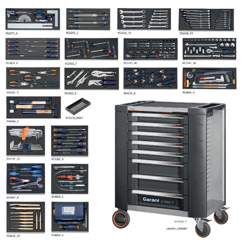 Garant GridLine Tool Cart with 8 Full Extension Drawers, 219 Piece Tool Set with all 19 Rigid Foam Inlays