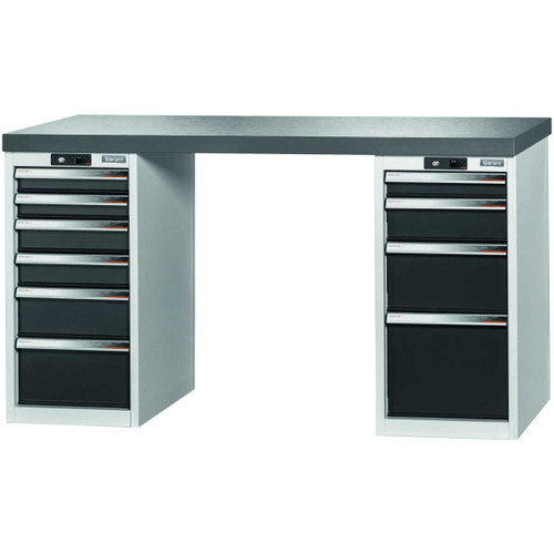 GARANT GridLine Vario workbench with 2 drawer casings 16G, height 850 mm, Eluplan worktop, dark, 12x20G