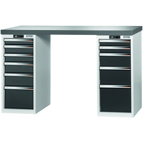 GARANT GridLine Vario workbench with 2 drawer casings 16G, height 950 mm, Eluplan worktop, dark, 12x20G