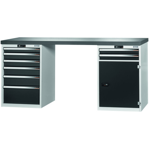GARANT GridLine Vario workbench with 2 drawer casings 24G, height 950 mm, Eluplan worktop, dark, 20x20G