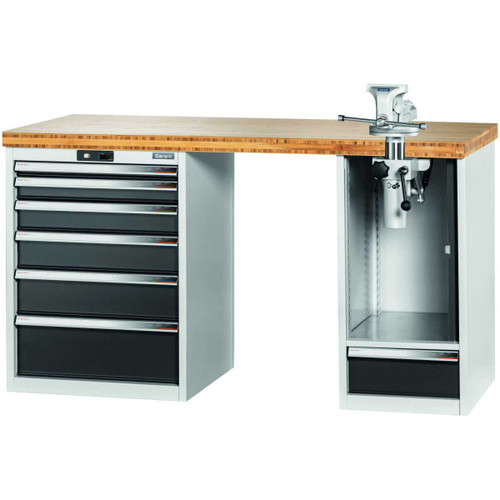 GARANT GridLine Vario workbench with 2 drawer casings, swing-away and height adjustment unit, height 850 mm, Bamboo worktop, 20x20G