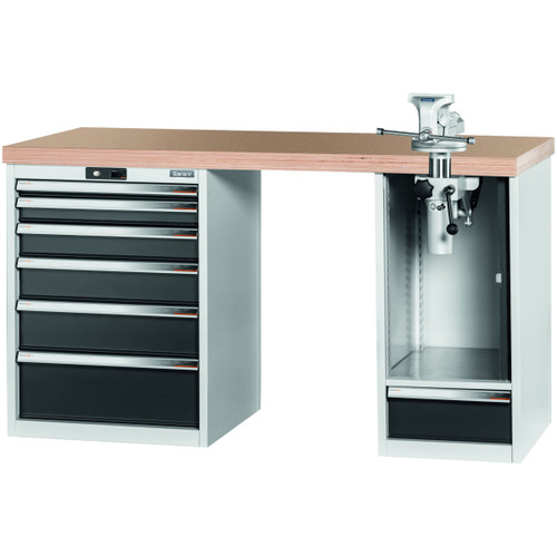 GARANT GridLine Vario workbench with 2 drawer casings, swing-away and height adjustment unit, height 850 mm, Beech marine ply worktop, 20x20G