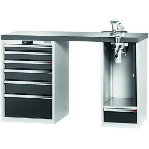 GARANT GridLine Vario workbench with 2 drawer casings, swing-away and height adjustment unit, height 950 mm, Eluplan worktop, dark, 20x20G