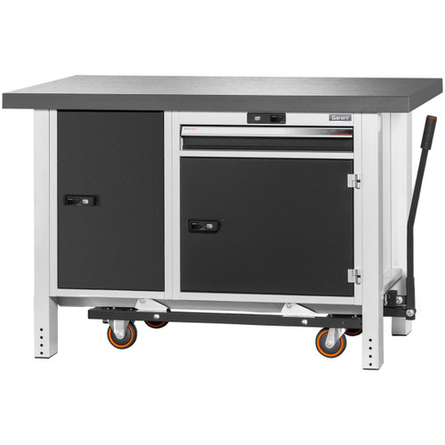 GARANT GridLine Workbench with undercarriage, with height adjuster and vice, with Eluplan worktop, dark, 20x20G