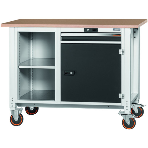 GARANT GridLine Workbench, mobile, left side open, right side cupboard and drawer, height 950mm, Beech marine ply worktop, 20x20G
