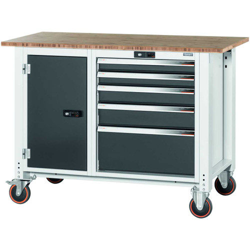 GARANT GridLine Workbench, mobile, left side cupboard, right side 5 drawers, Bamboo worktop, 20x20G