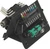 Side perspective of the black Wera tool organizer folded into a desktop stand, holding a set of L-wrenches and the green Flashdriver screwdriving flashlight.