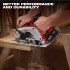 "Better performance and durability" a Milwaukee M18™ 6 ½" Circular Saw in use on a wood board of a construction site.