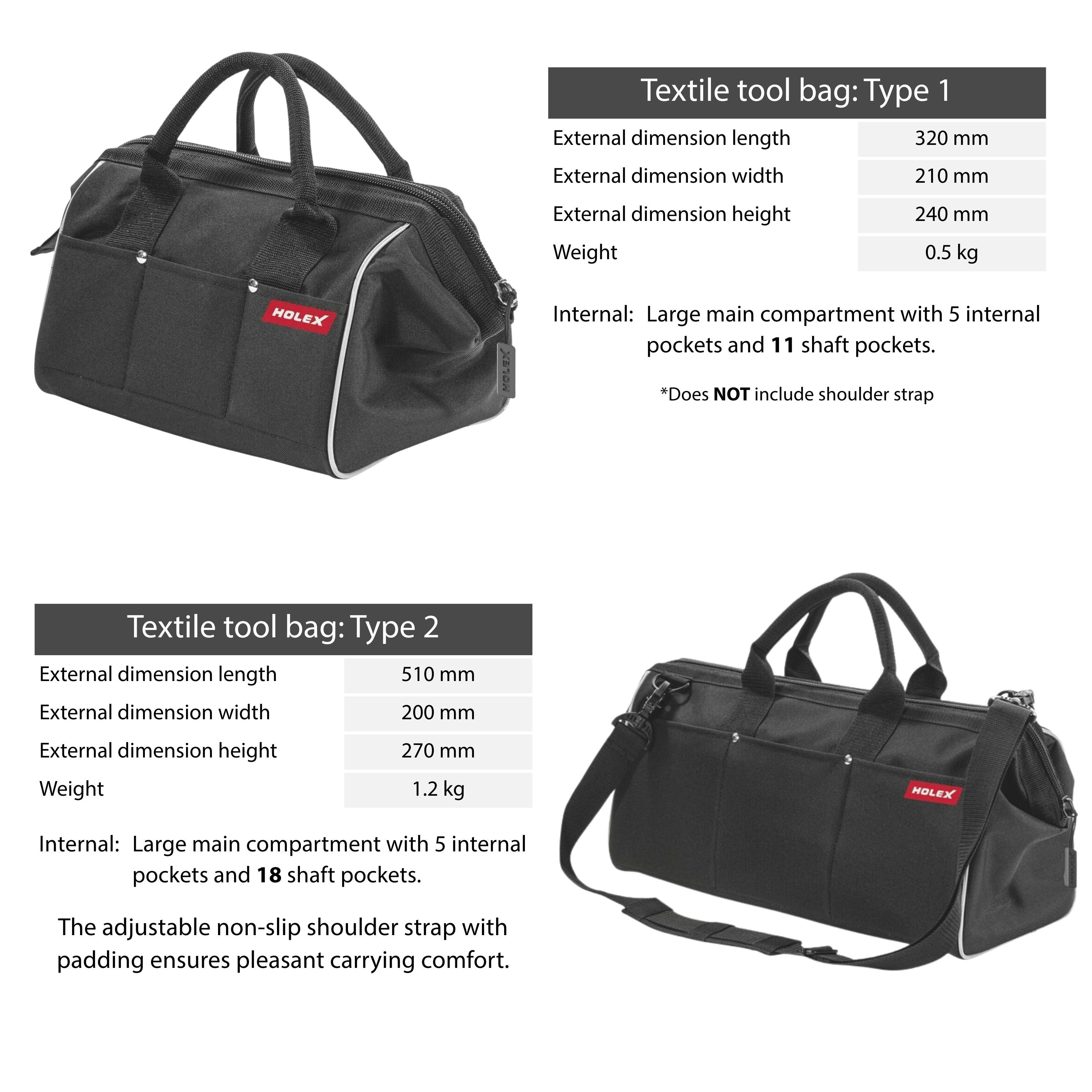 The Holex Textile Tool Bag is a high-quality tool textile bags that is a companion for your day-to-day tasks. With reflector strips for good visibility. With the generous interior and handy outside pockets, there is plenty of storage space and good sorting of the tools. With carrying handles, zip fastener and a splash-proof sturdy base with feet. 