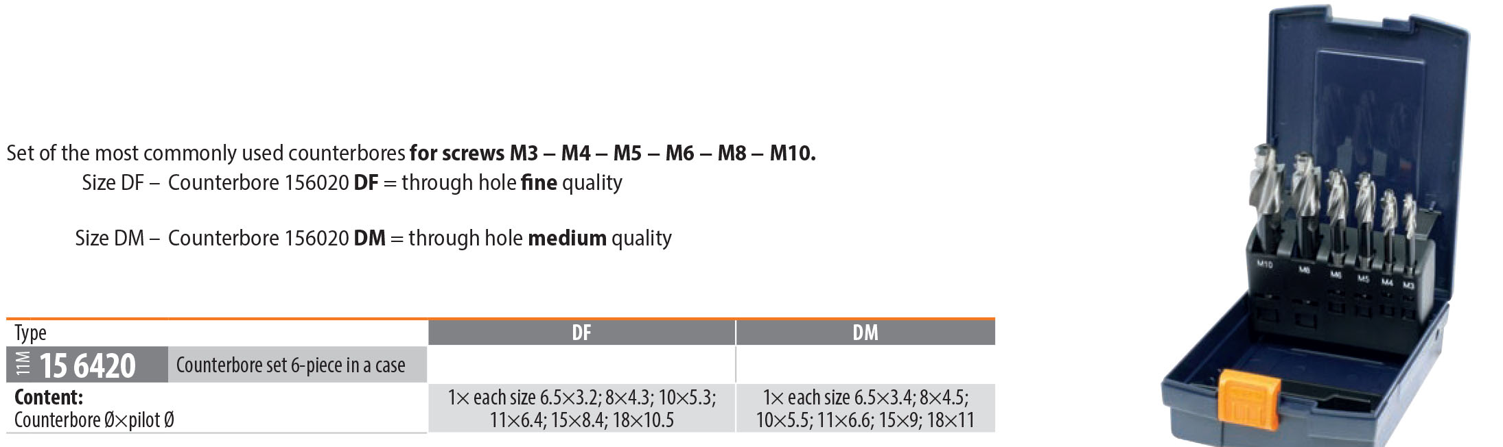 Garant German Counterbore Set in Case is available in both DF - Through Hole Fine Quality and DM - Through Hole Medium Quality