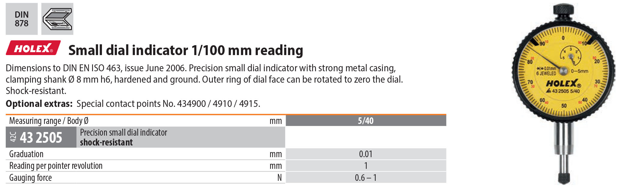 Holex German Small Dial Indicator 1/100 mm reading Shock Resistant Metal Case dial indicators