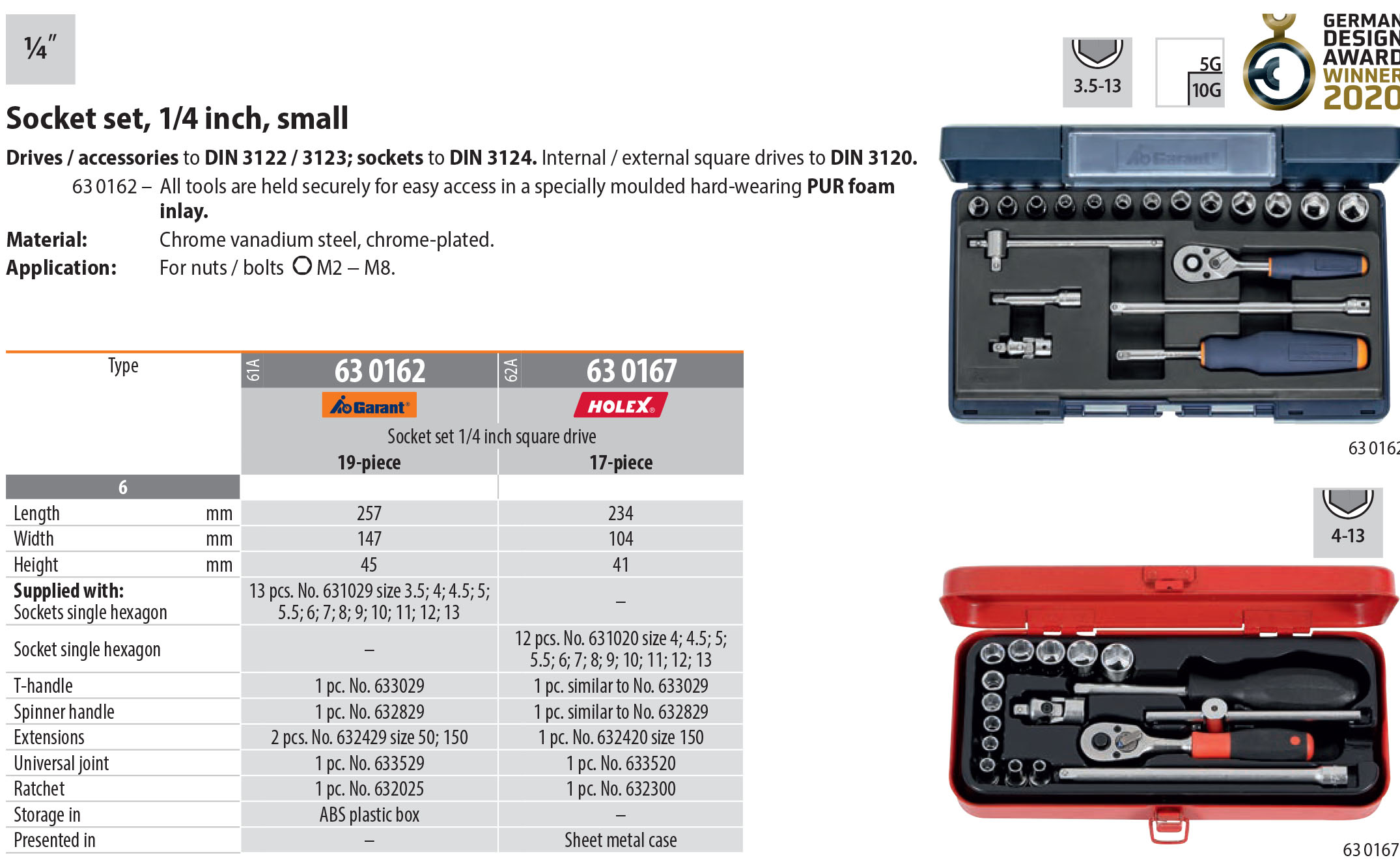 Garant 1/4 inch Square Drive German Socket Set 19 pieces Size 6 Made in Germany tools ABS Carrying Case and PUR Foam Inlay