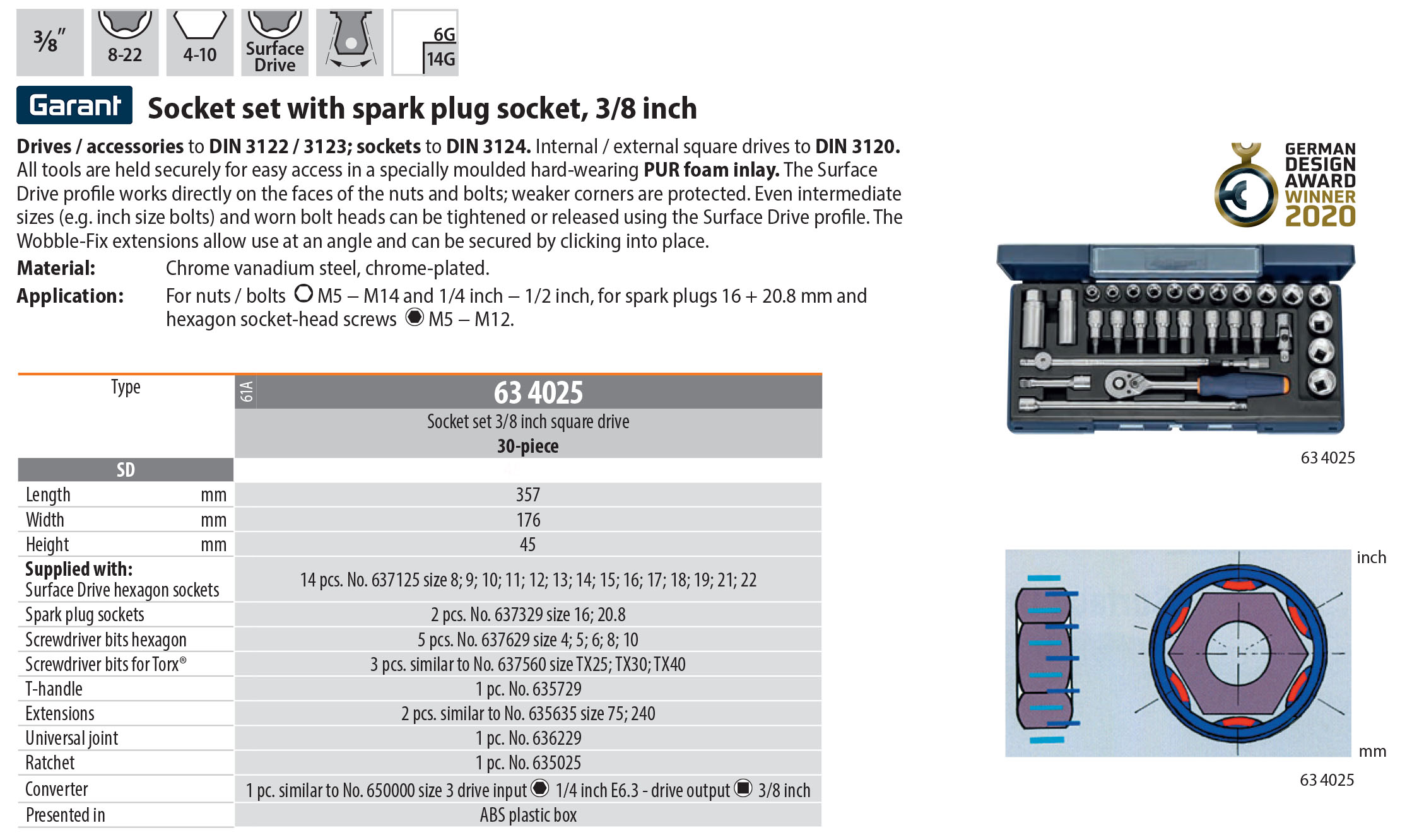 Garant 3/8 inch 30 piece German Socket Set with Spark Plug Socket in ABS Case