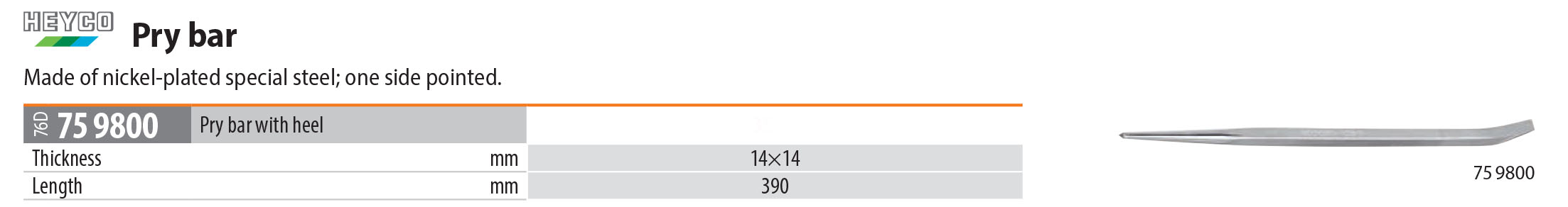 Heyco Nickel-Plated German Special Steel Pry Bar with Heel