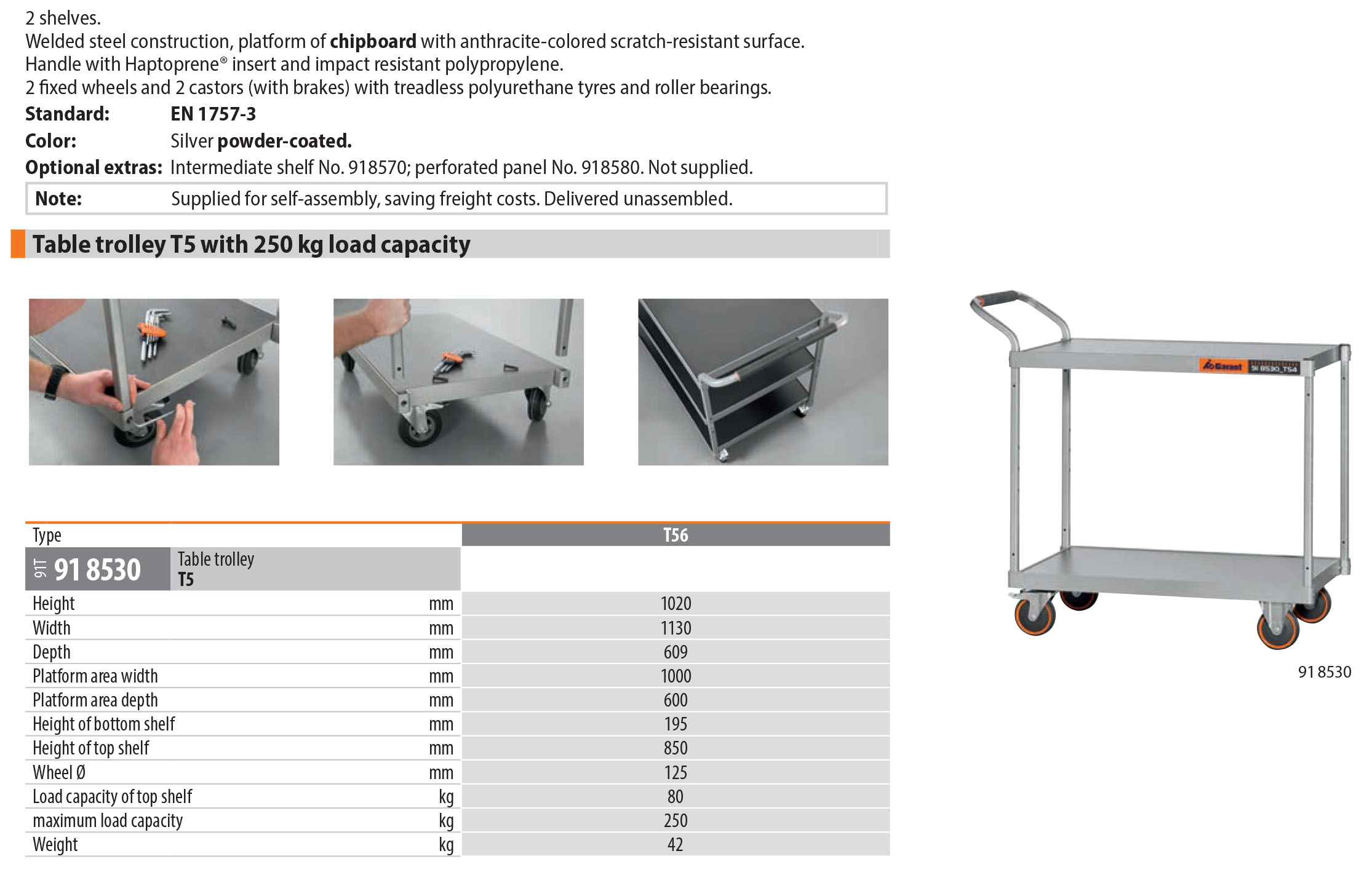 Garant German Wheeled Cart Tool Trolley Handles Tires Castors 250 Kg capacity