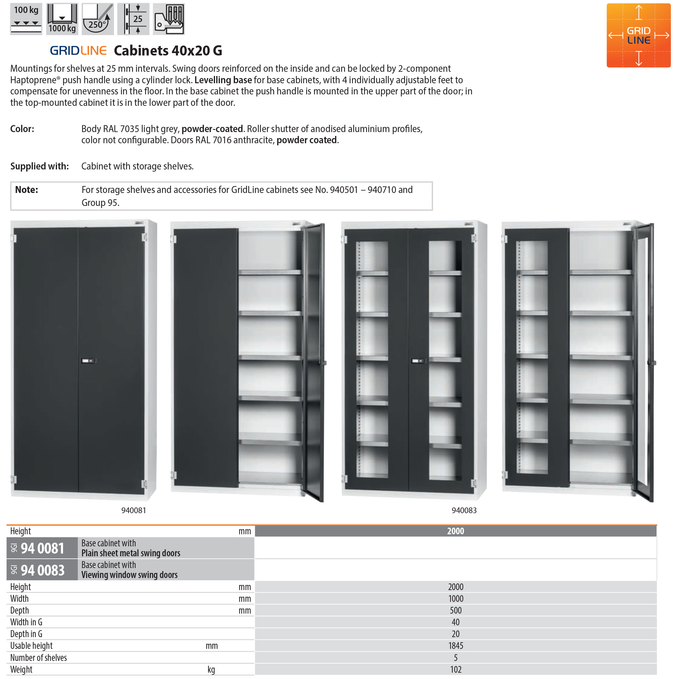 Garant Base Model German Tool Cabinet with Viewing Windows Swing Doors 2000 mm high 40x20G lockable tool cabinet