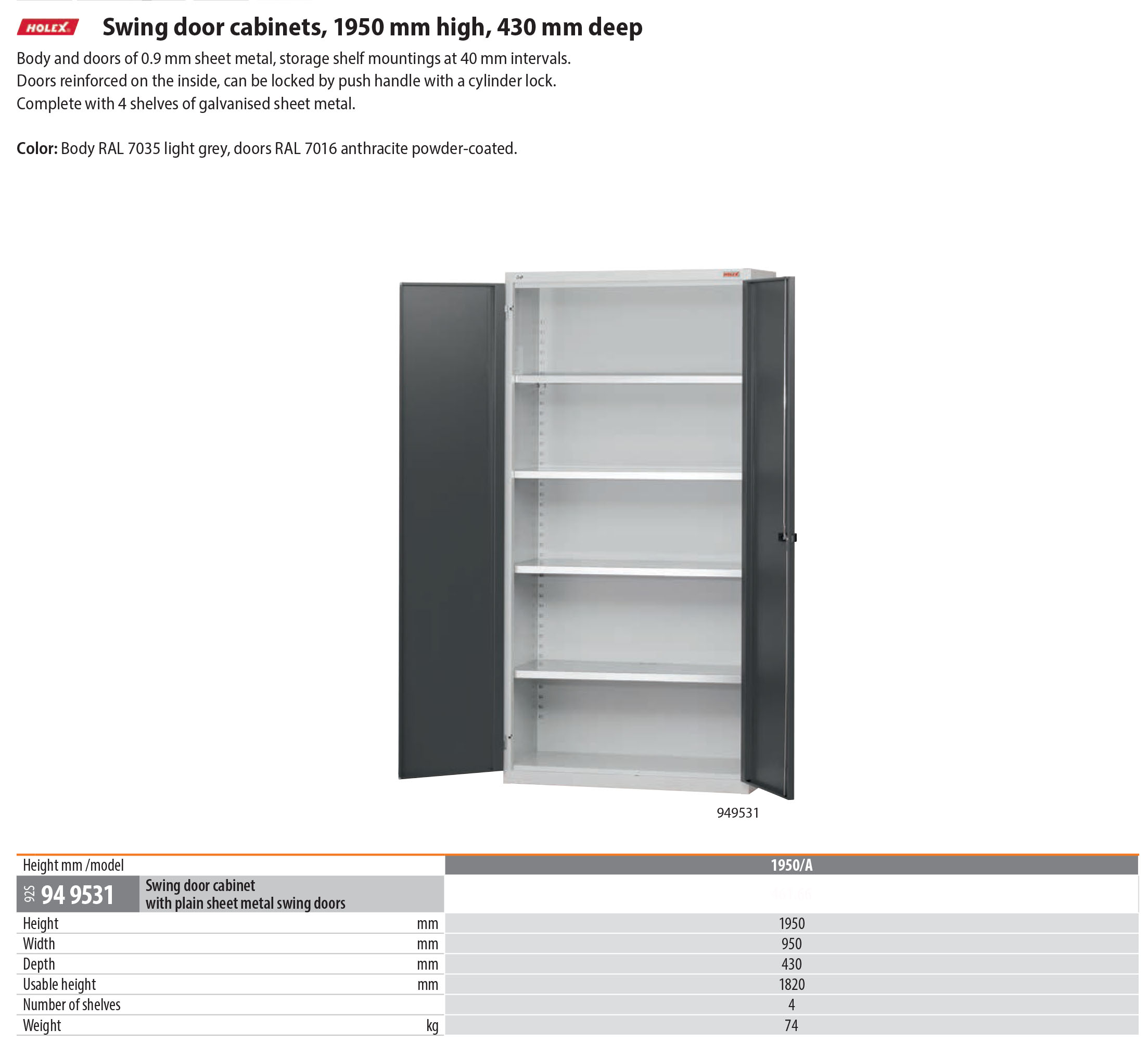 Holex Swing Door Cabinet Sheet Metal Doors 1950 mm Height German Metal Cabinet