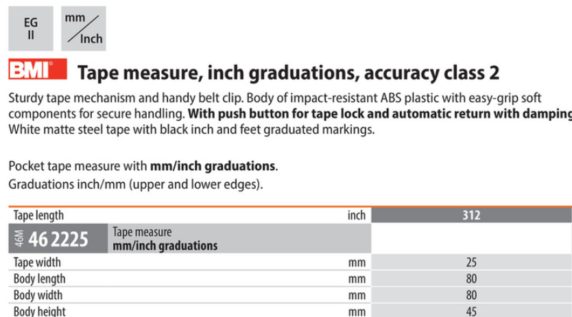 BMI locking tape measure specification guide