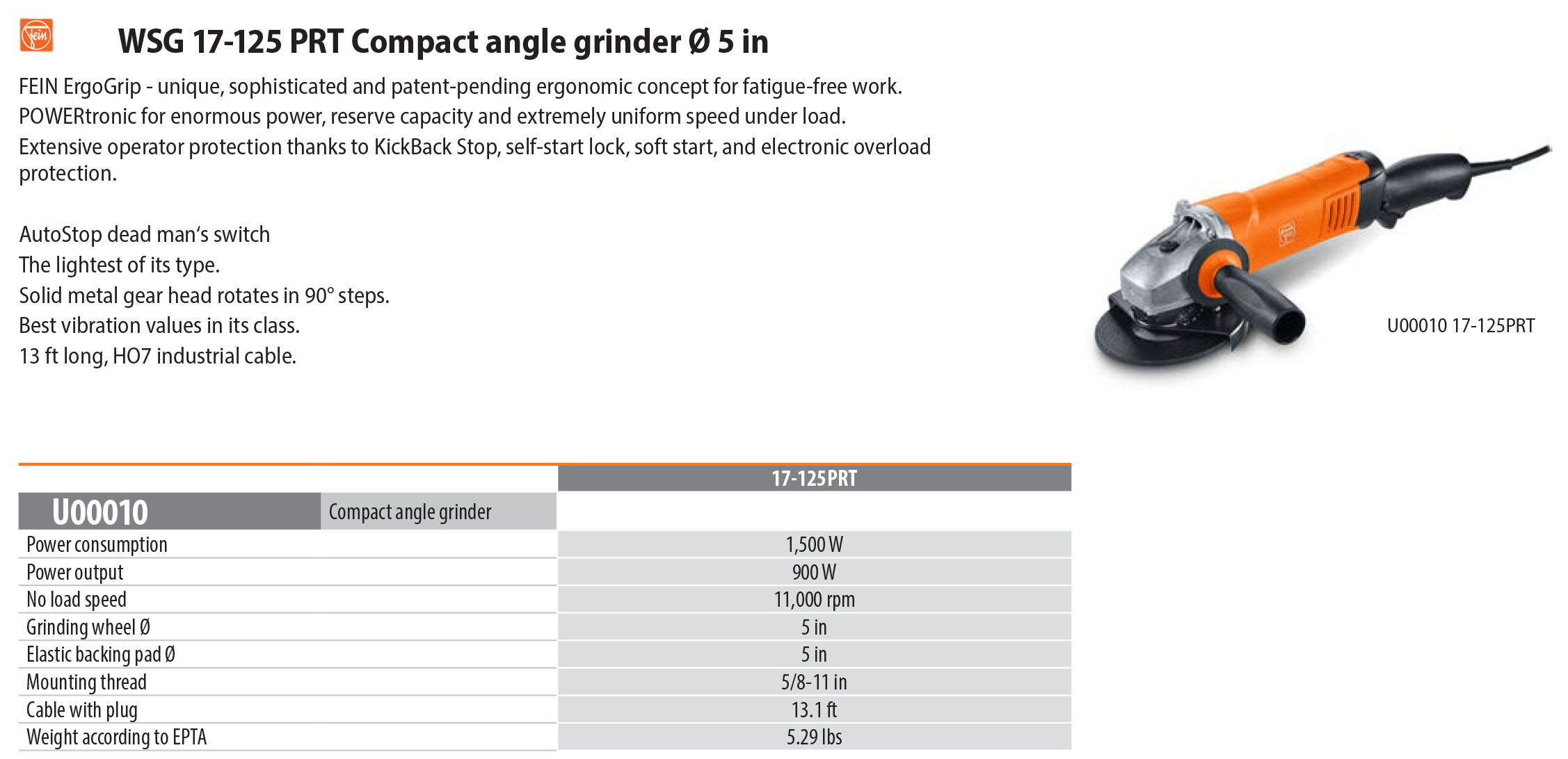 Fein WSG 17-125 PRT Compact Angle Grinder Ø 5 inch