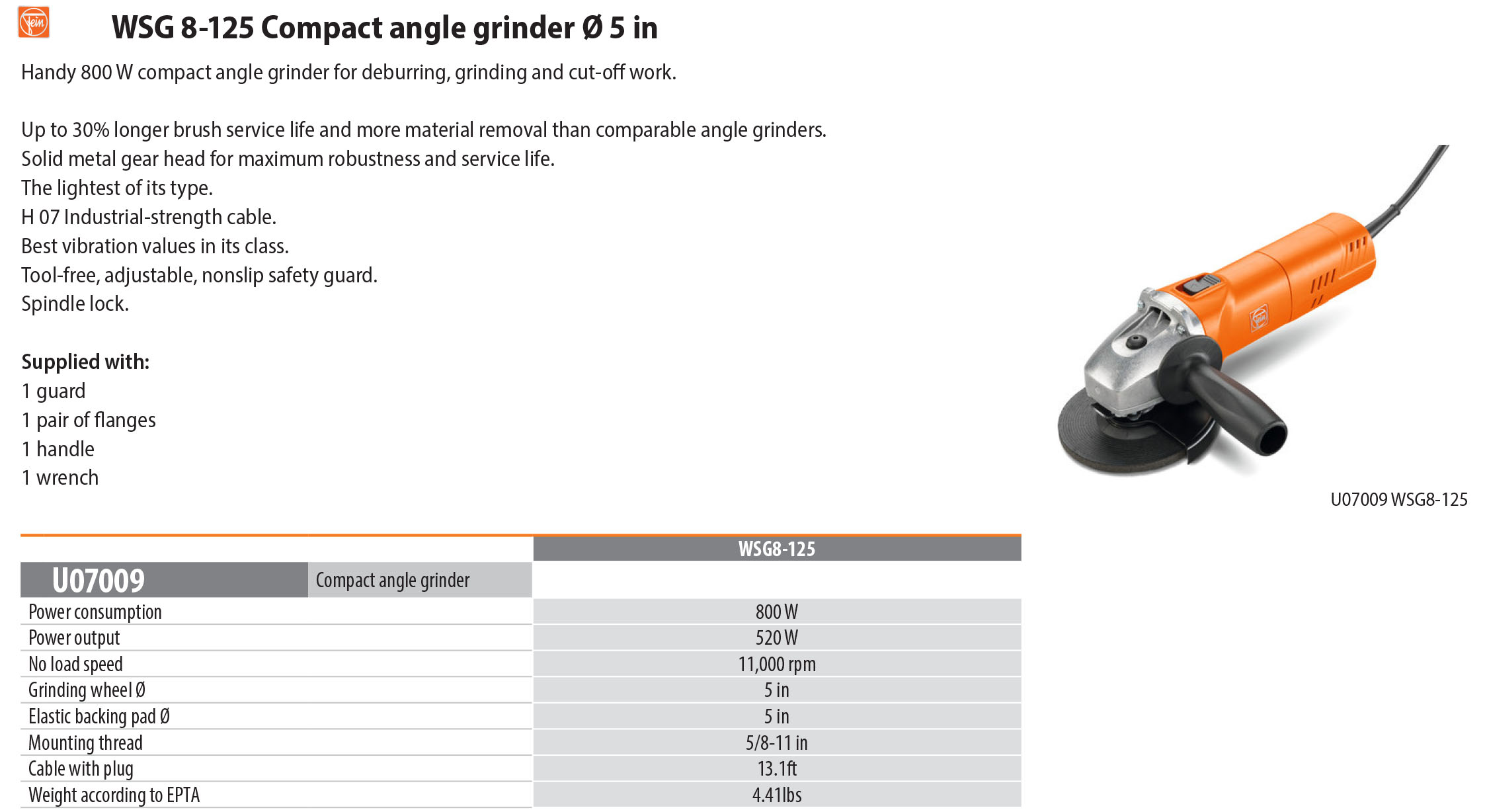 Fein WSG 8-125 PRT Compact angle grinder Ø 5 inch 800W 