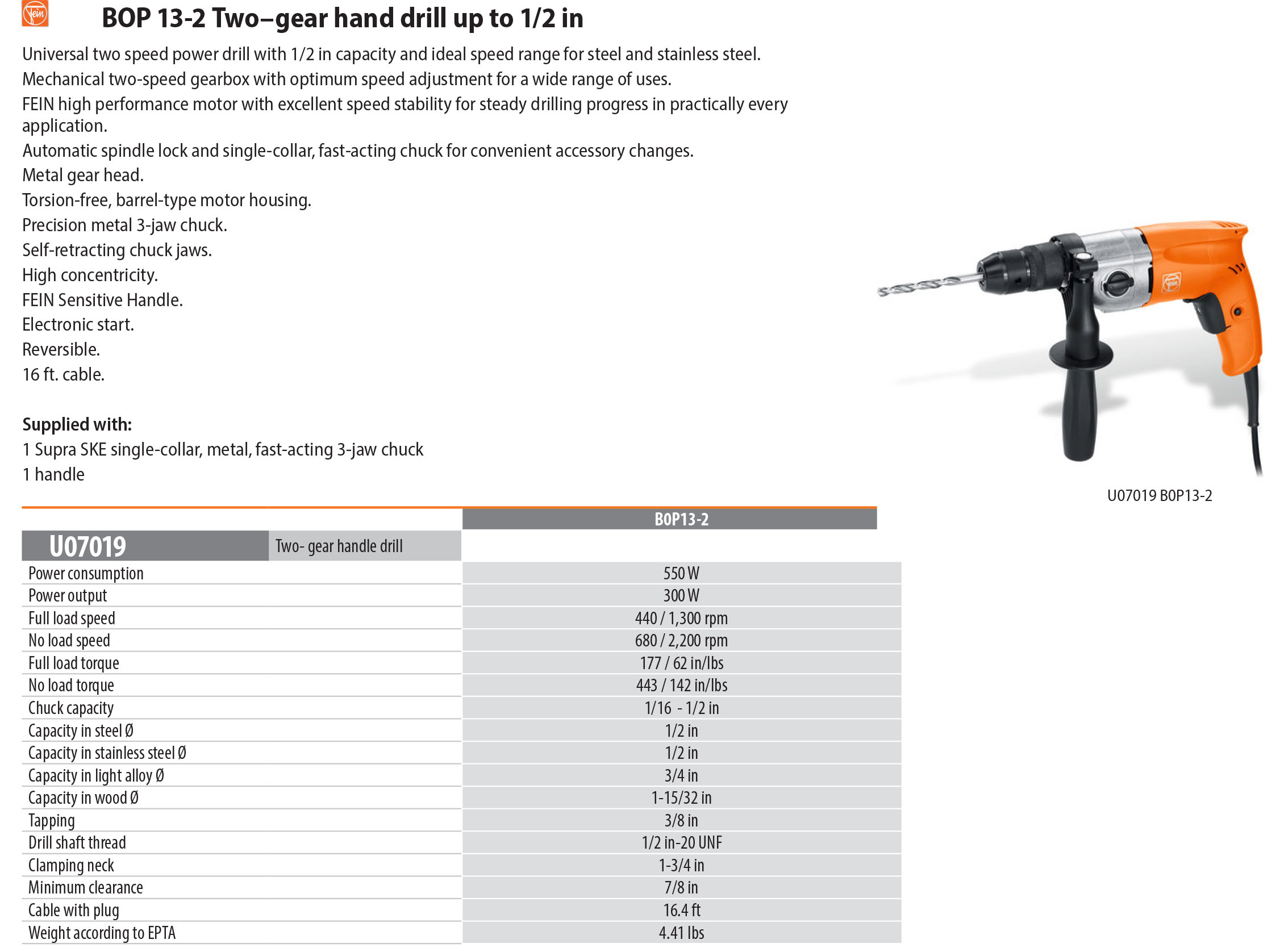 Fein BOP 13-2 Two–gear German Power Drill up to 1/2 in Two Gear hand drill