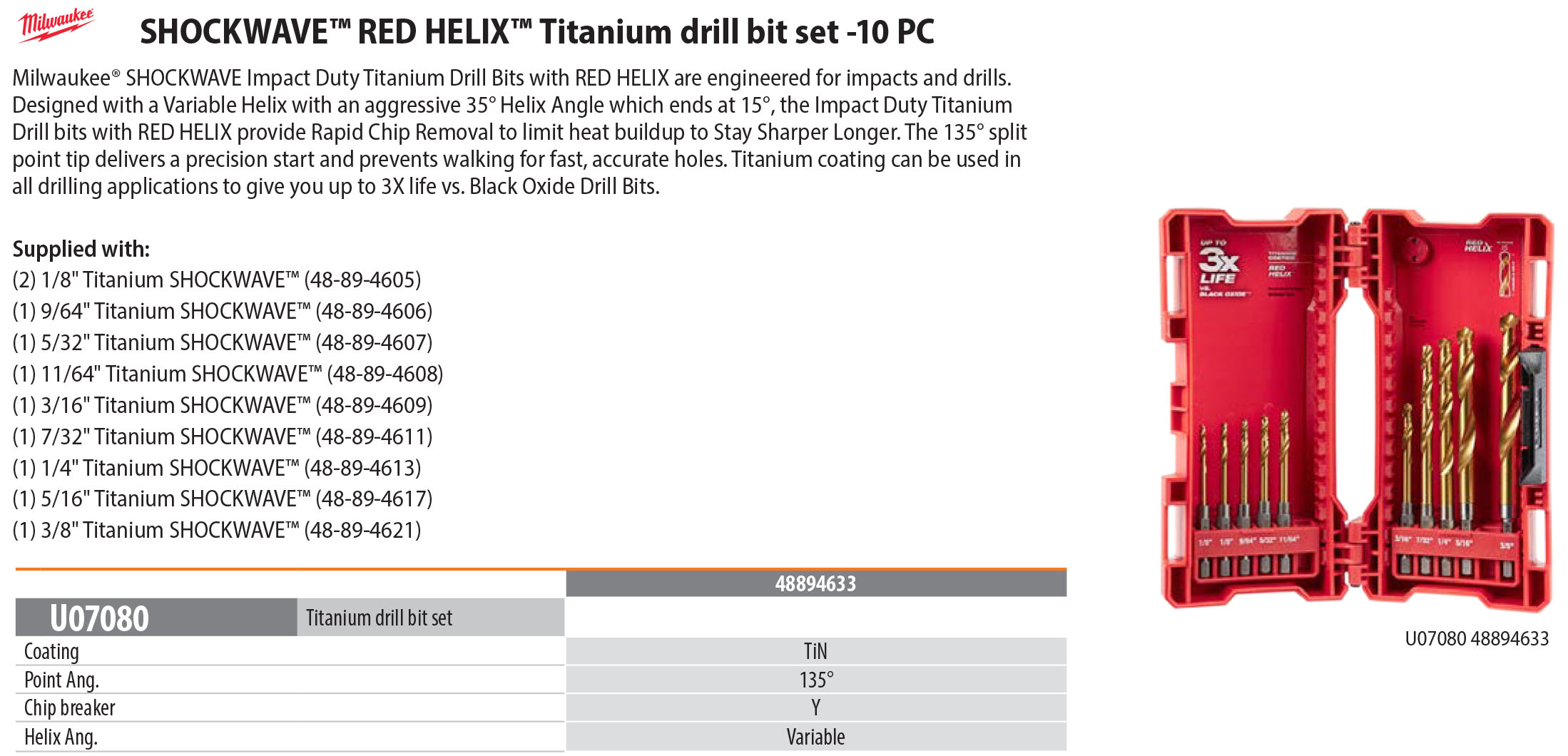 Milwaukee Tools Shockwave™ Red Helix™ Titanium 10 piece drill bit set Milwuakee Tools Titanium Drill Bit Set