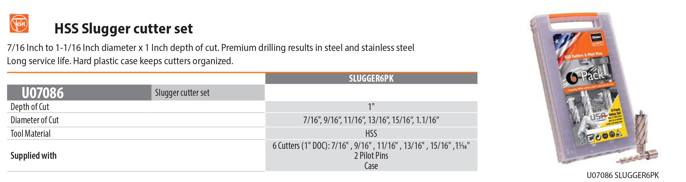 Fein HSS German Slugger Cutter Set 6 Core Drills 2 Pilot Pins Core Drill Cutters