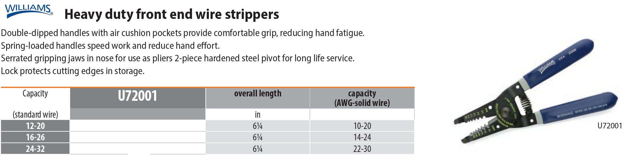Williams USA Tools Heavy Duty Front End Wire Strippers Williams Made in the USA Front End Wire Strippers