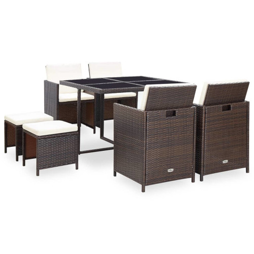 9 Piece Outdoor Dining Set with Cushions Poly Rattan Brown