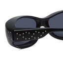 Close Up View of Foster Grant Ladies Oval 56mm Fitover Sunglasses Gloss Black Crystals/Smoke Grey